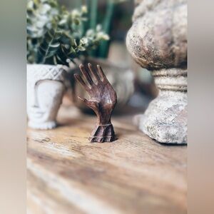 MCM Wooden Hand Brooch Brown Surrealist Mudra Statement Pin 4”